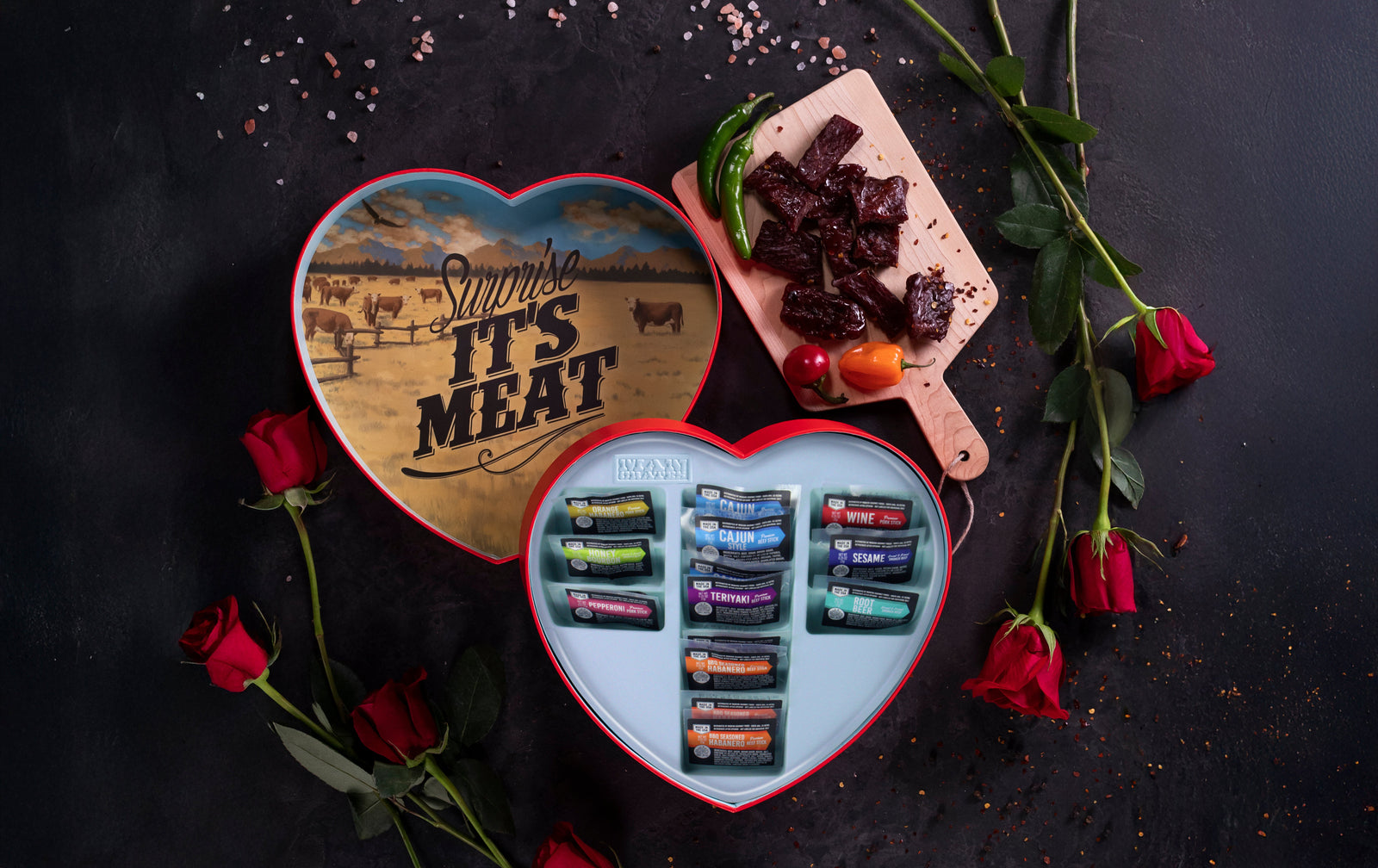 A heart-shaped box of exotic jerky, a perfect anniversary gift for men